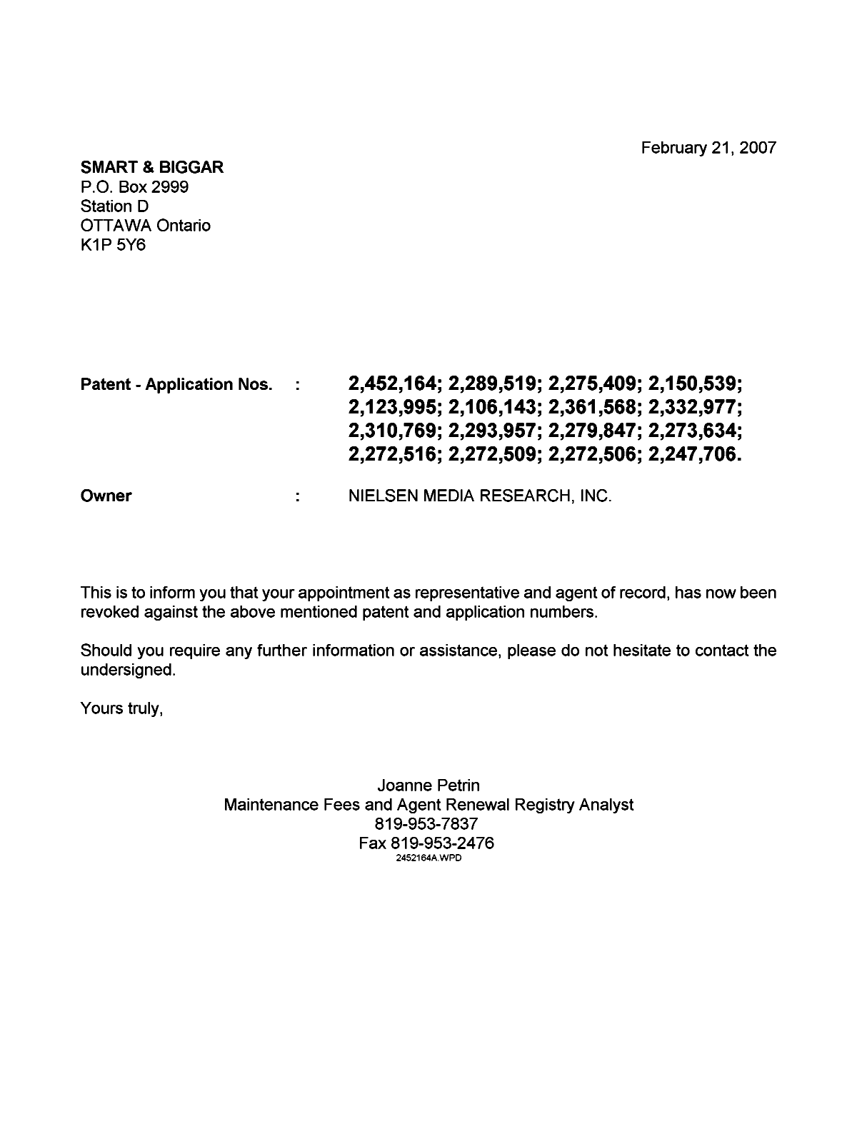 Document de brevet canadien 2275409. Correspondance 20061221. Image 1 de 1