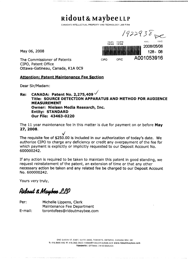 Canadian Patent Document 2275409. Fees 20071206. Image 1 of 1