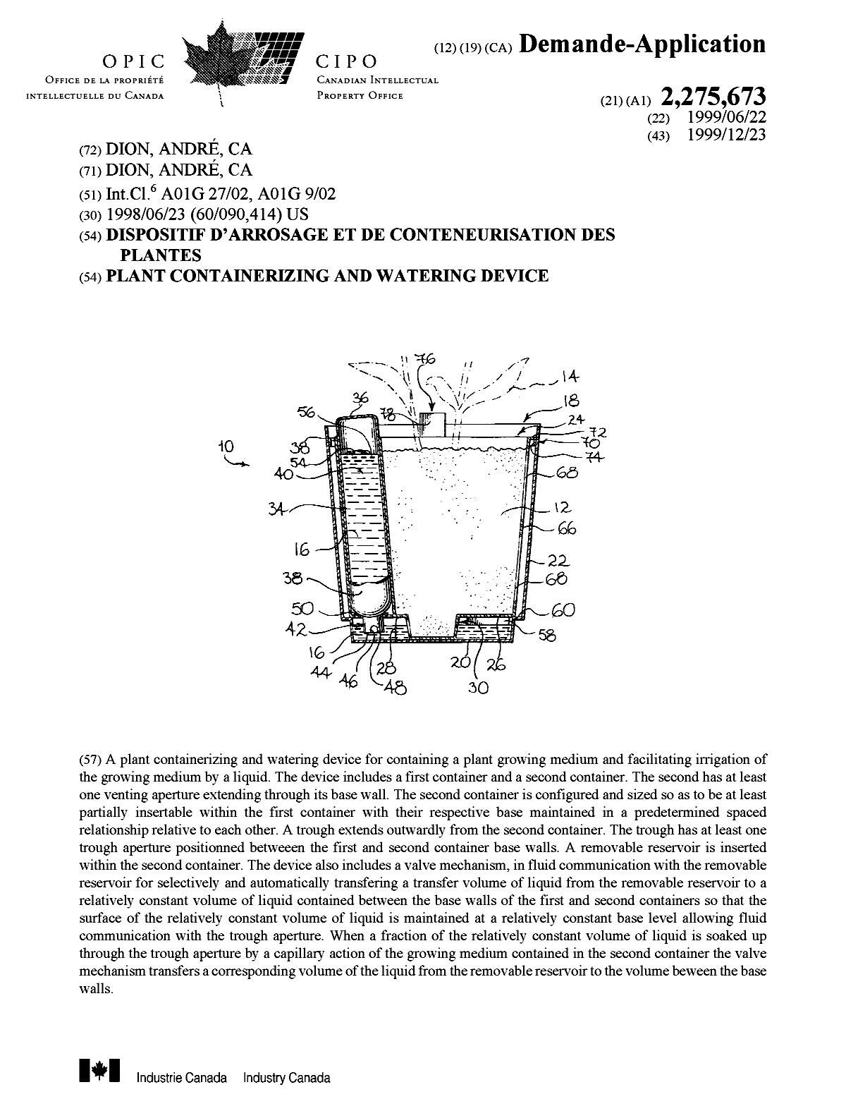 Document de brevet canadien 2275673. Page couverture 19981203. Image 1 de 1