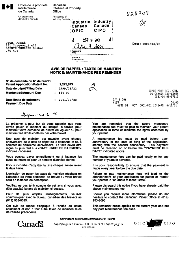 Document de brevet canadien 2275673. Taxes 20001209. Image 1 de 1