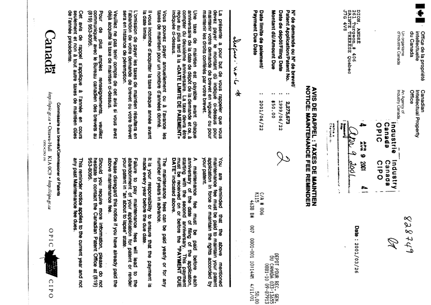 Canadian Patent Document 2275673. Fees 20010409. Image 1 of 1