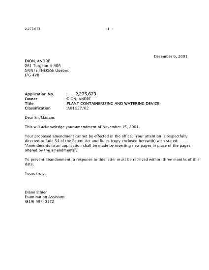 Document de brevet canadien 2275673. Correspondance 20011206. Image 1 de 1