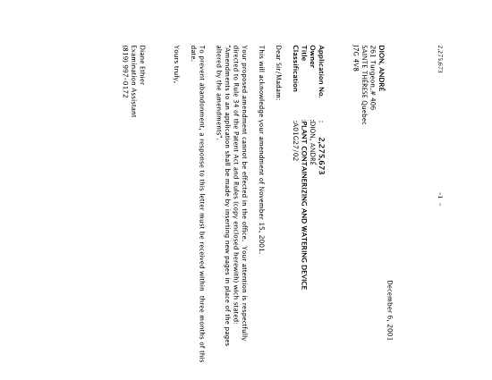 Document de brevet canadien 2275673. Correspondance 20011206. Image 1 de 1