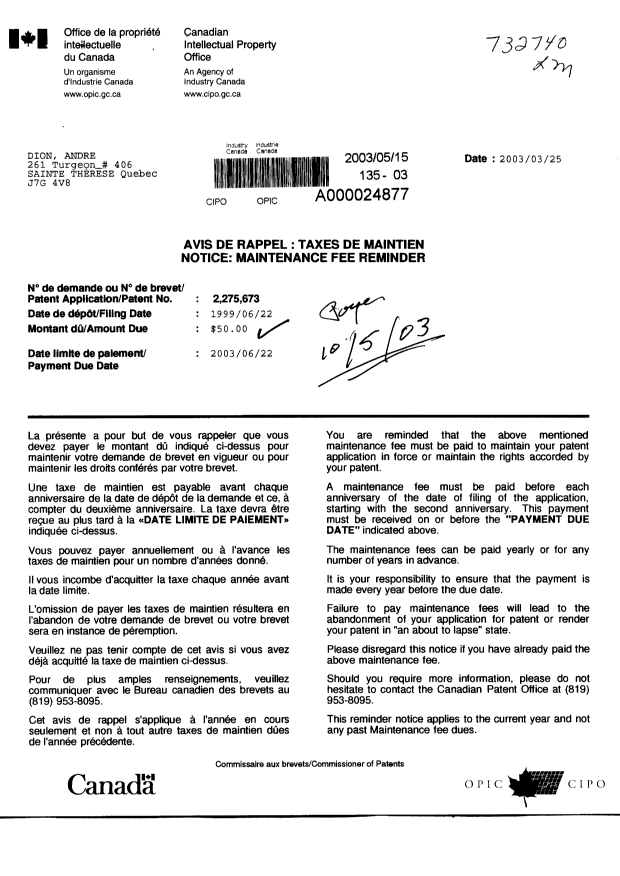 Document de brevet canadien 2275673. Taxes 20021215. Image 1 de 1