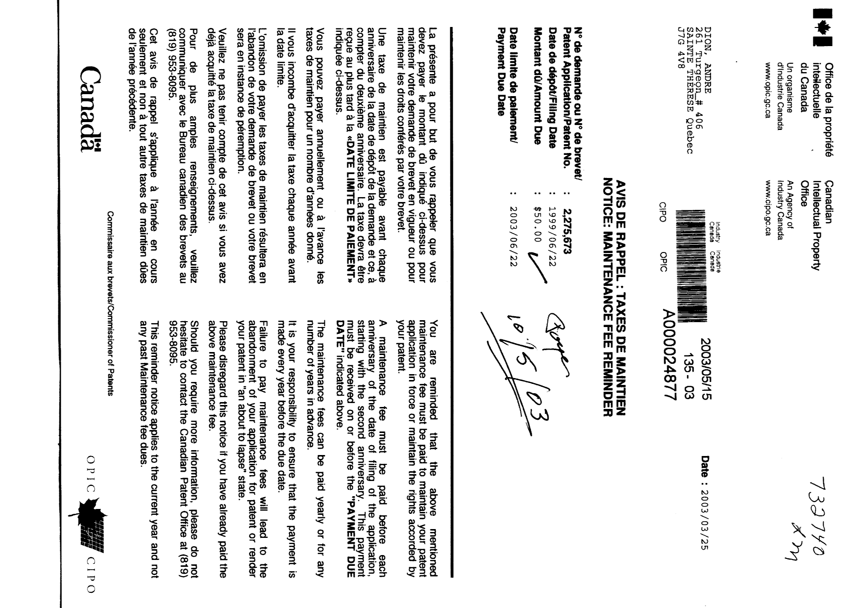 Document de brevet canadien 2275673. Taxes 20021215. Image 1 de 1