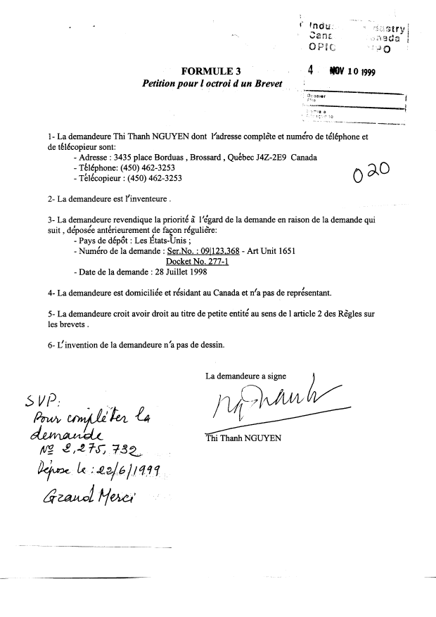 Document de brevet canadien 2275732. Correspondance 19981210. Image 1 de 1