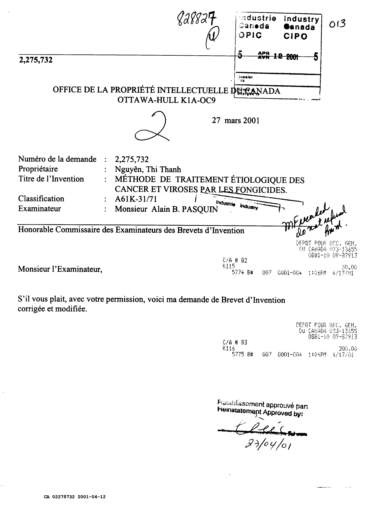 Document de brevet canadien 2275732. Poursuite-Amendment 20001212. Image 2 de 23