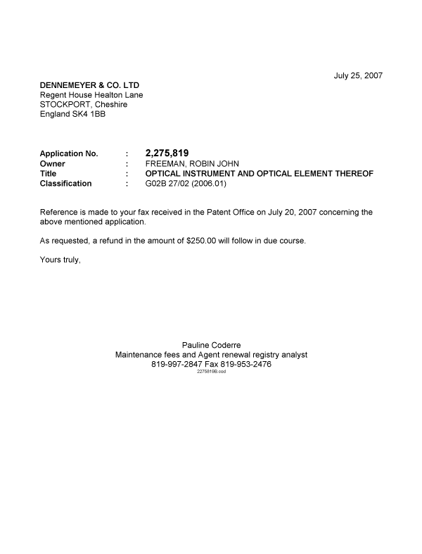 Canadian Patent Document 2275819. Correspondence 20070725. Image 1 of 1