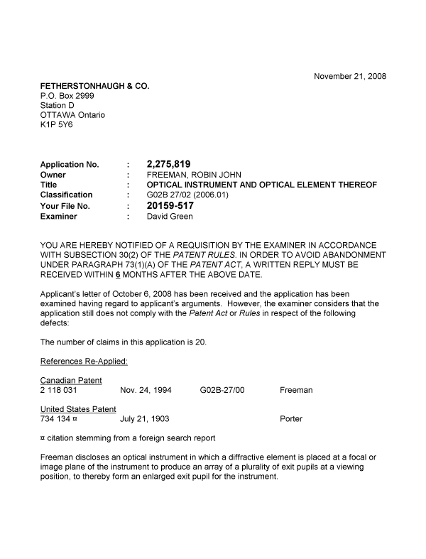 Canadian Patent Document 2275819. Prosecution-Amendment 20081121. Image 1 of 3