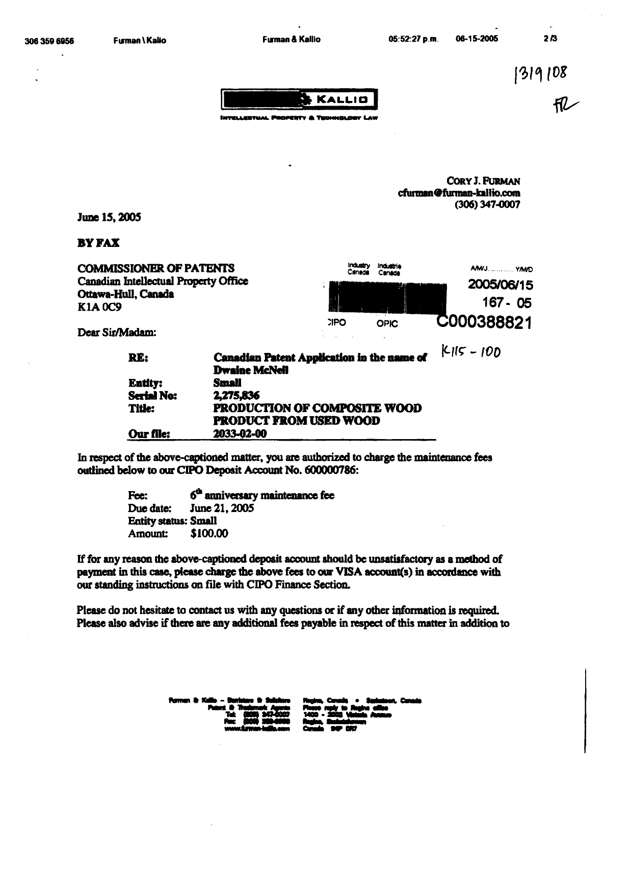 Canadian Patent Document 2275836. Fees 20050615. Image 1 of 3
