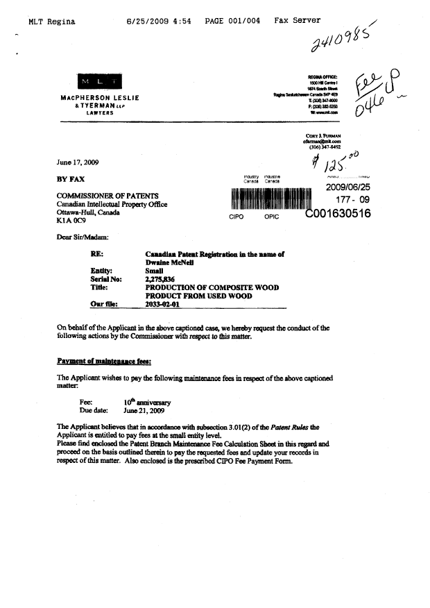 Document de brevet canadien 2275836. Taxes 20090625. Image 1 de 3