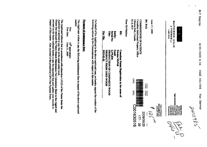 Canadian Patent Document 2275836. Fees 20090625. Image 1 of 3