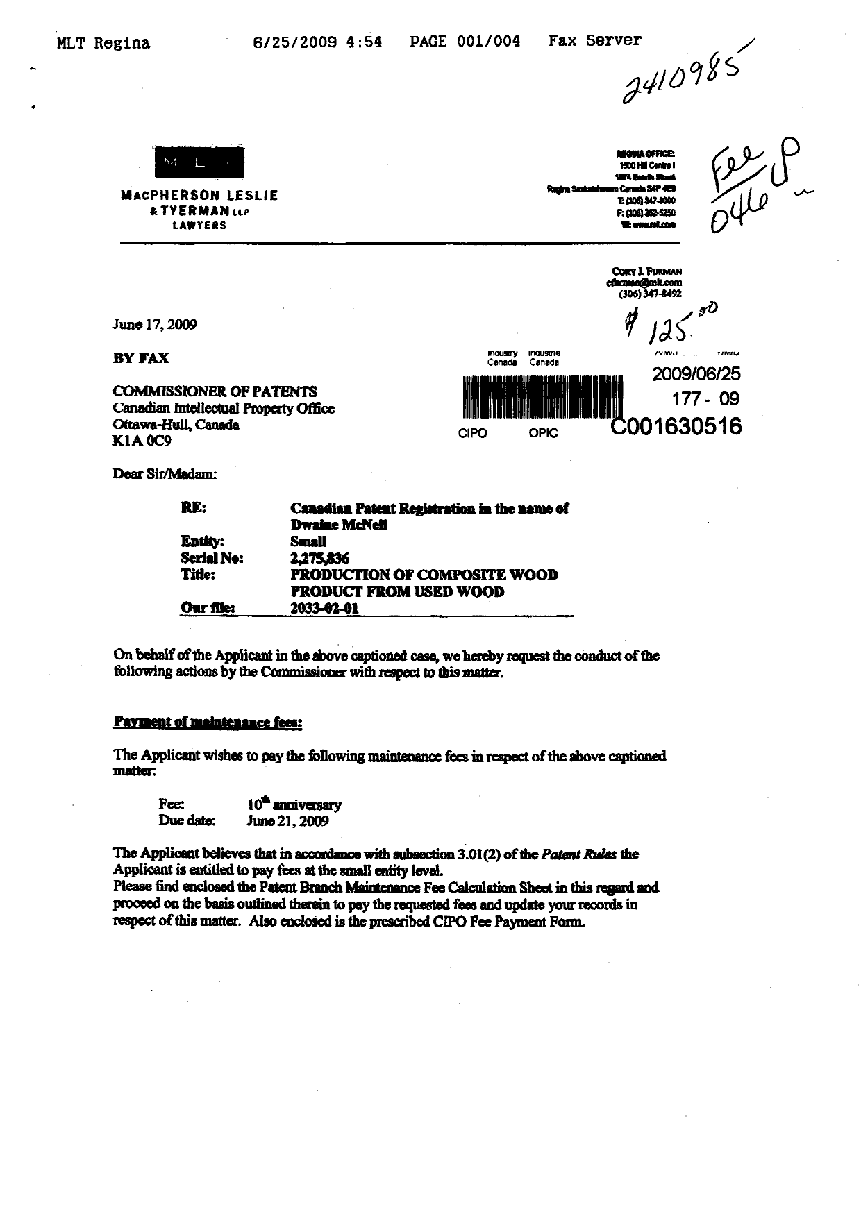 Canadian Patent Document 2275836. Fees 20090625. Image 1 of 3