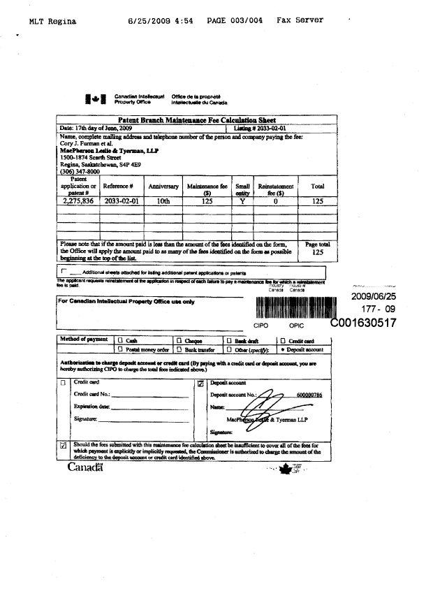 Canadian Patent Document 2275836. Fees 20090625. Image 3 of 3