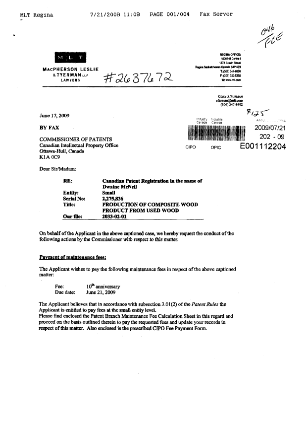 Canadian Patent Document 2275836. Fees 20090721. Image 1 of 3