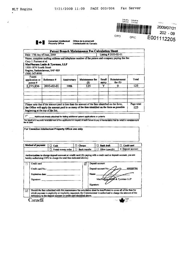 Canadian Patent Document 2275836. Fees 20090721. Image 3 of 3
