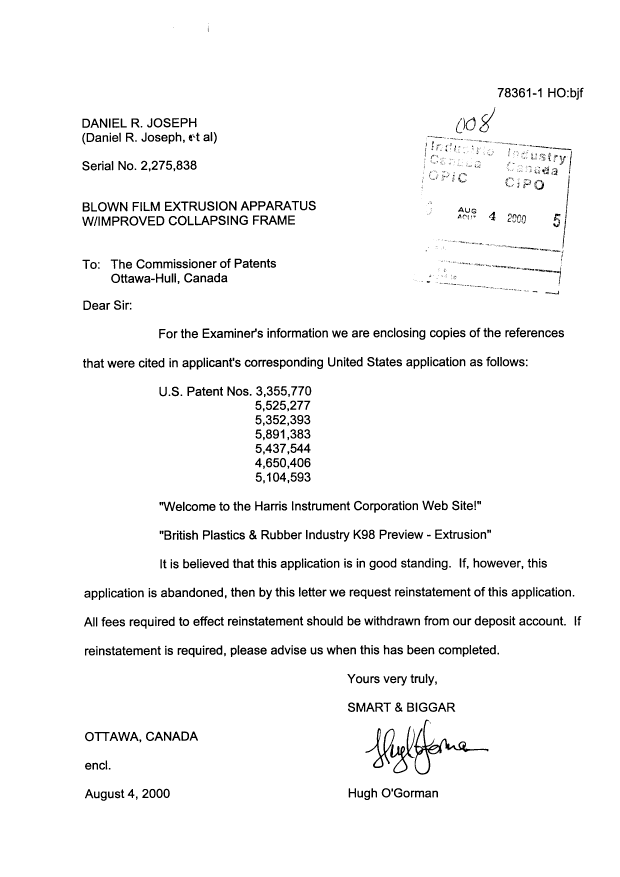 Canadian Patent Document 2275838. Prosecution-Amendment 20000804. Image 1 of 1
