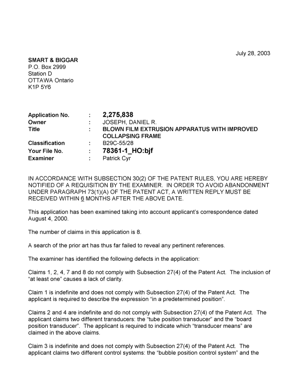 Canadian Patent Document 2275838. Prosecution-Amendment 20030728. Image 1 of 3