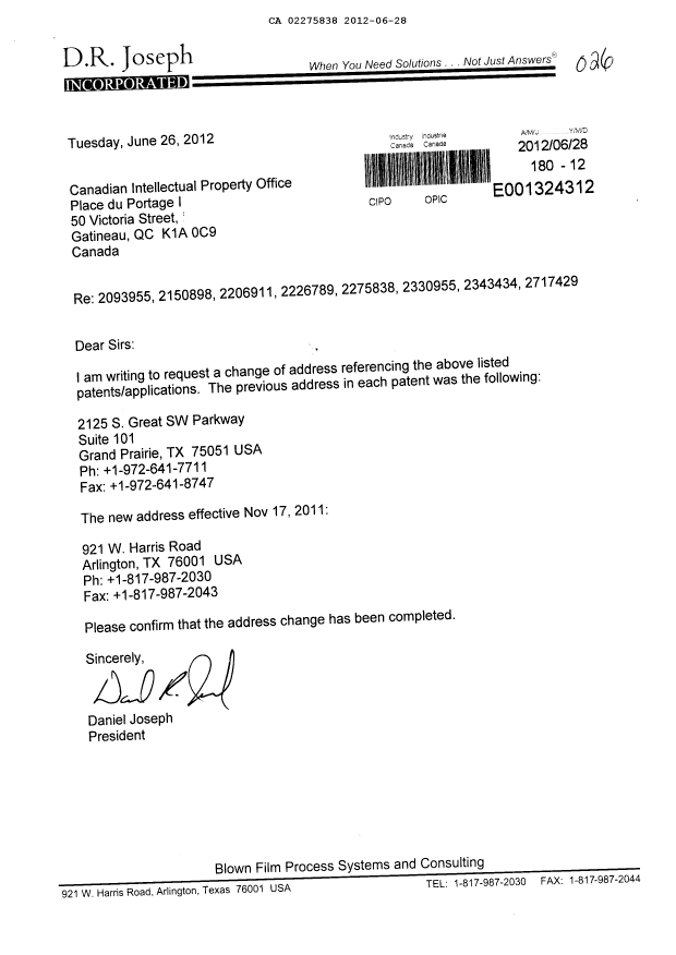 Document de brevet canadien 2275838. Correspondance 20120628. Image 1 de 1
