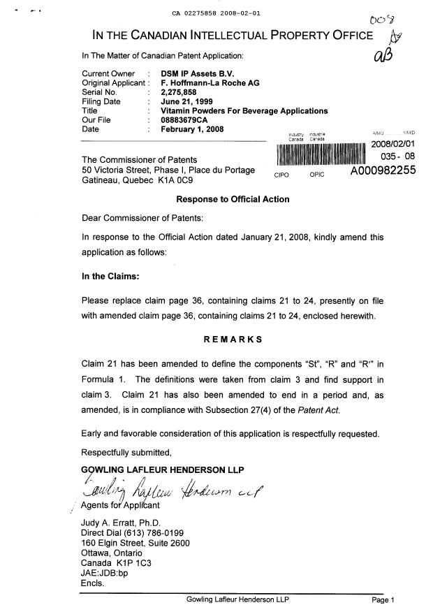 Canadian Patent Document 2275858. Prosecution-Amendment 20080201. Image 1 of 2