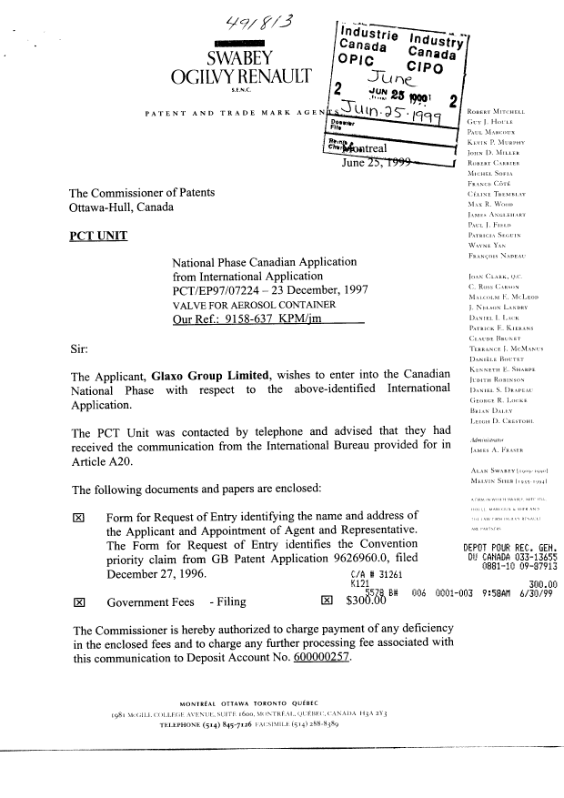 Canadian Patent Document 2276163. Assignment 19990625. Image 1 of 3