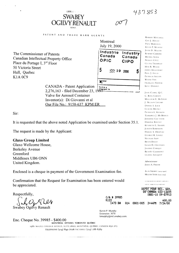 Canadian Patent Document 2276163. Prosecution-Amendment 20000719. Image 1 of 1