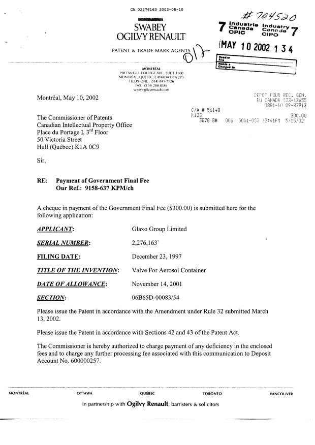 Canadian Patent Document 2276163. Correspondence 20020510. Image 1 of 2