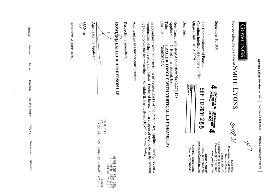 Canadian Patent Document 2276178. Prosecution-Amendment 20010910. Image 1 of 1