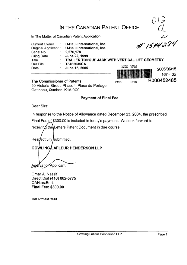 Canadian Patent Document 2276178. Correspondence 20050615. Image 1 of 1