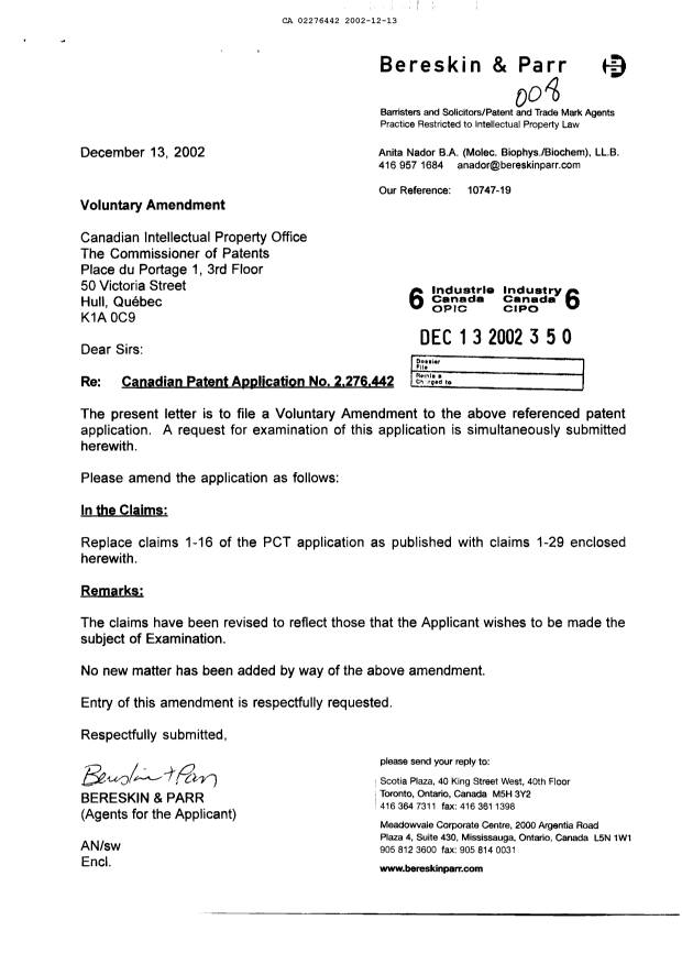 Canadian Patent Document 2276442. Prosecution-Amendment 20021213. Image 1 of 5