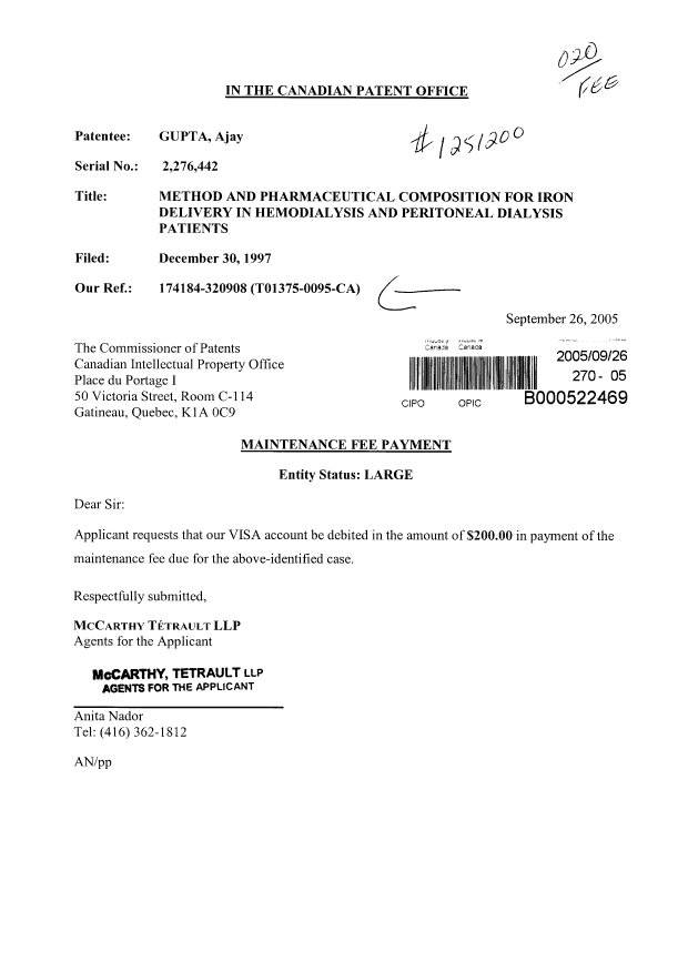 Document de brevet canadien 2276442. Taxes 20050926. Image 1 de 1
