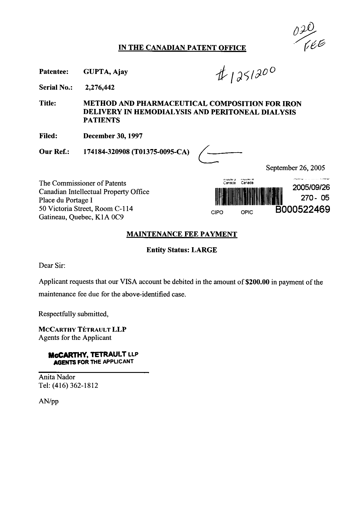Canadian Patent Document 2276442. Fees 20050926. Image 1 of 1