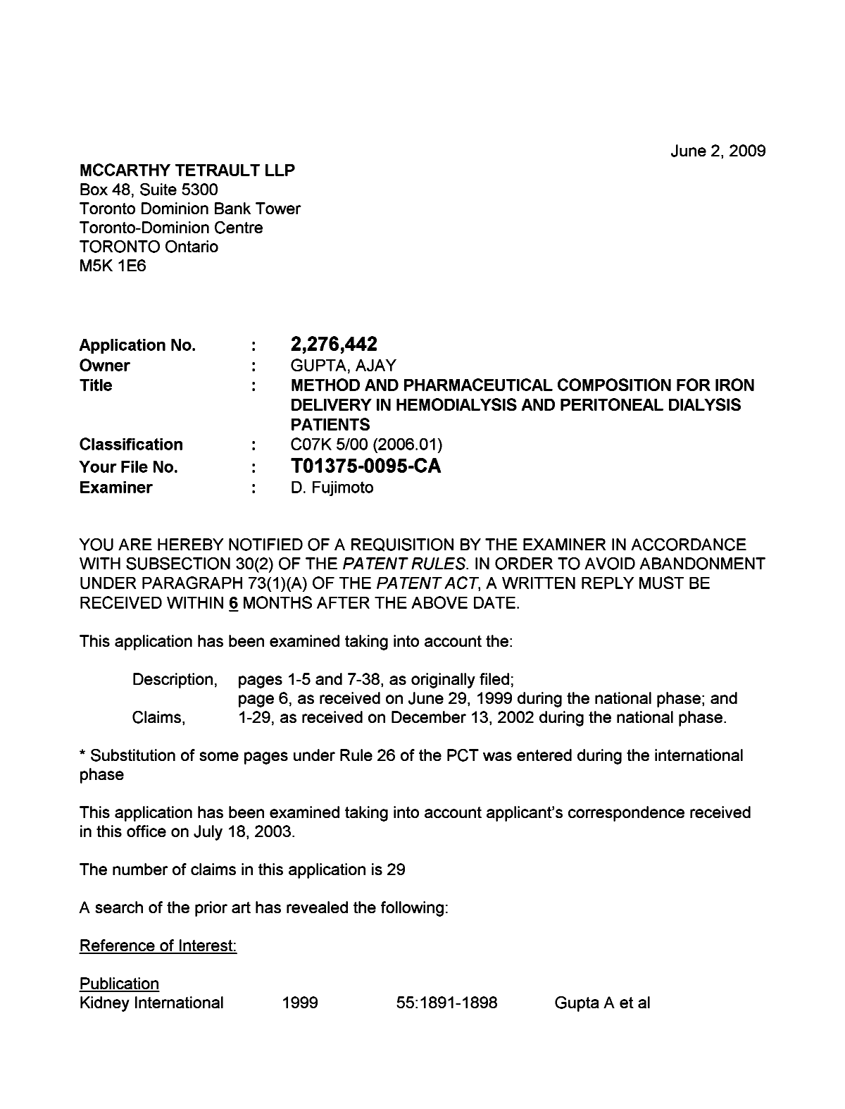 Canadian Patent Document 2276442. Prosecution-Amendment 20090602. Image 1 of 4