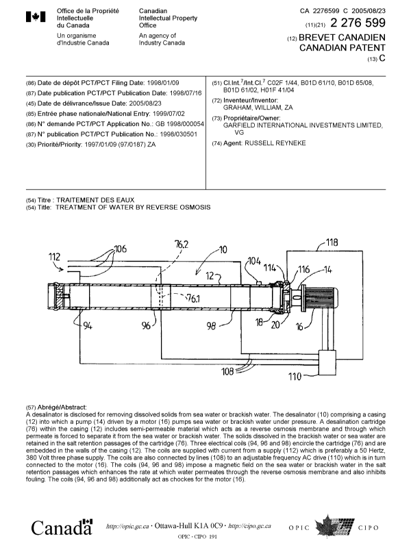 Canadian Patent Document 2276599. Cover Page 20050805. Image 1 of 1