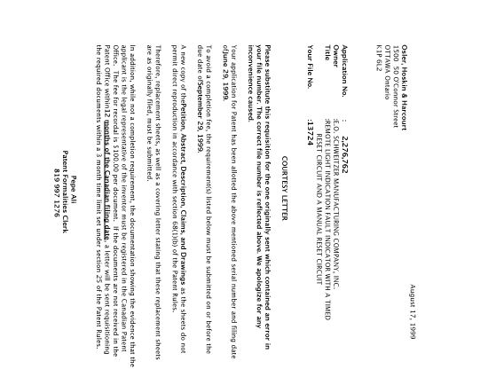 Canadian Patent Document 2276762. Correspondence 19990817. Image 1 of 1