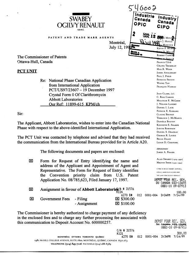 Document de brevet canadien 2277274. Cession 19990712. Image 1 de 8