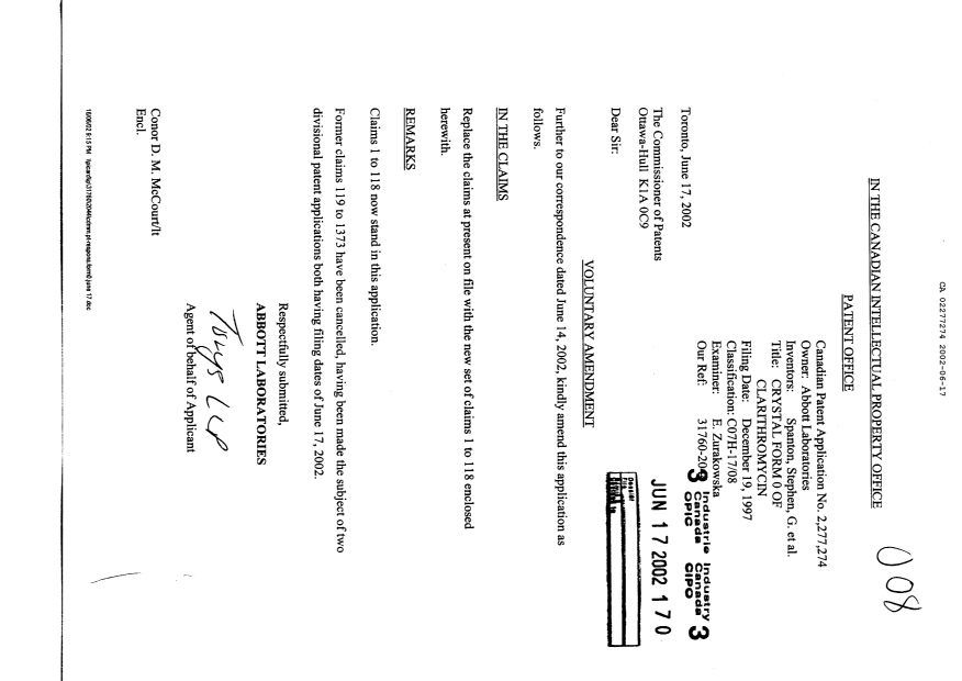 Canadian Patent Document 2277274. Prosecution-Amendment 20020617. Image 1 of 15
