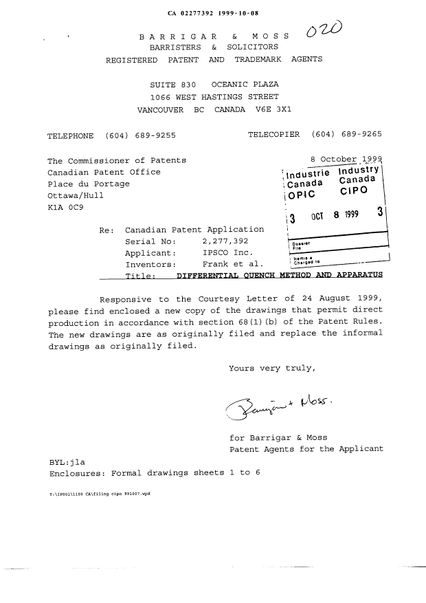 Document de brevet canadien 2277392. Correspondance 19991008. Image 1 de 7