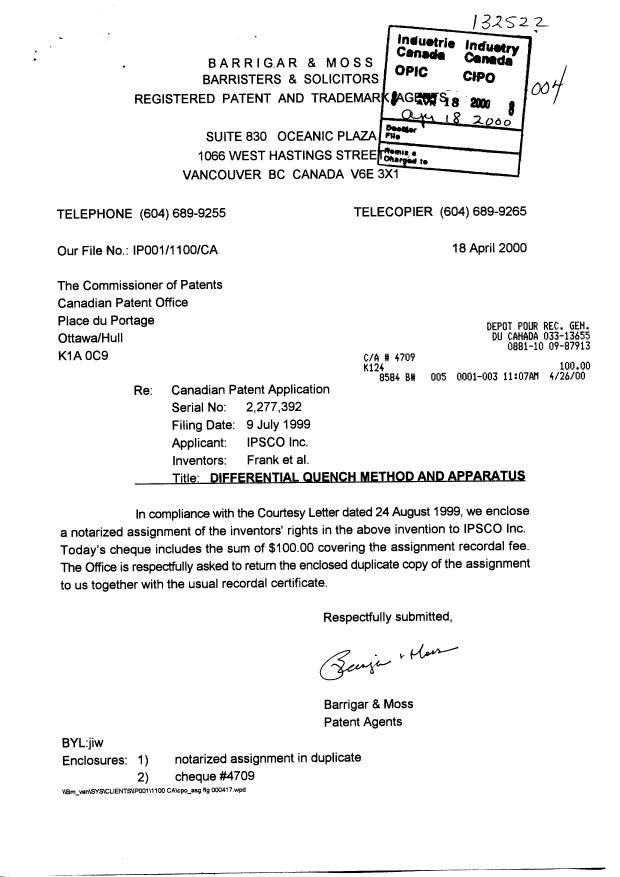 Document de brevet canadien 2277392. Cession 20000418. Image 1 de 8