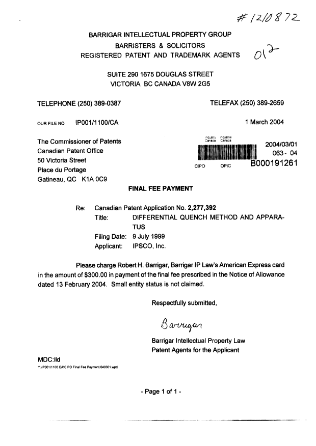 Document de brevet canadien 2277392. Correspondance 20040301. Image 1 de 1