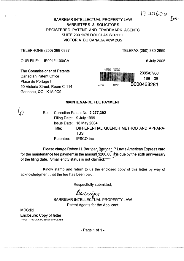 Document de brevet canadien 2277392. Taxes 20050706. Image 1 de 3