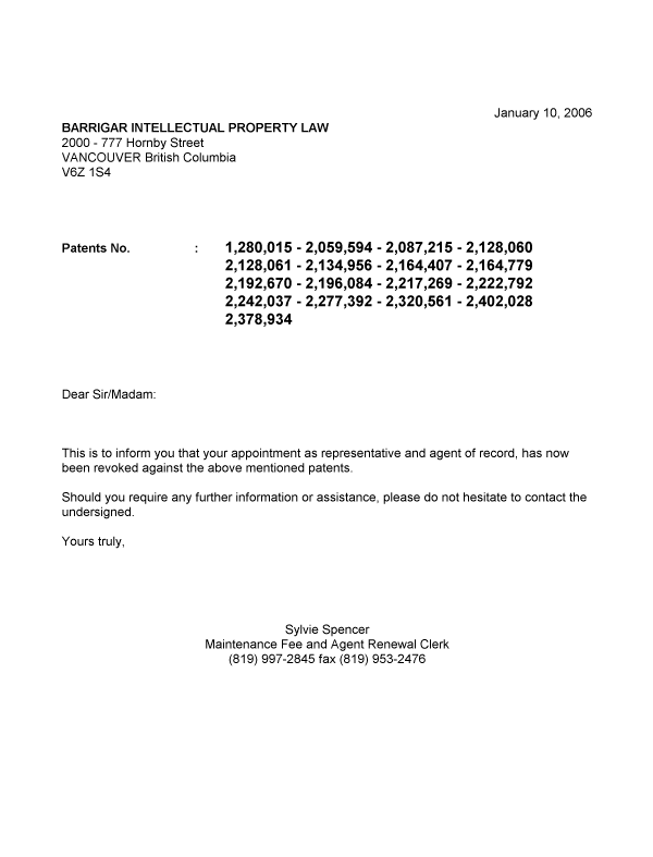 Document de brevet canadien 2277392. Correspondance 20060110. Image 1 de 1