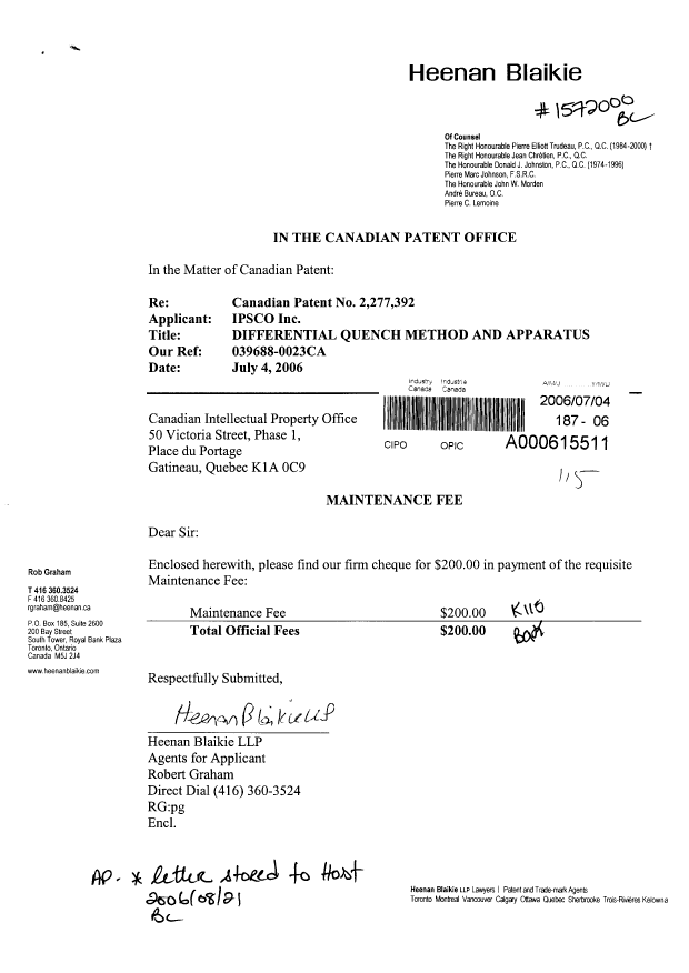 Document de brevet canadien 2277392. Taxes 20060704. Image 1 de 1