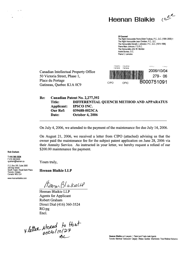 Document de brevet canadien 2277392. Correspondance 20061004. Image 1 de 2