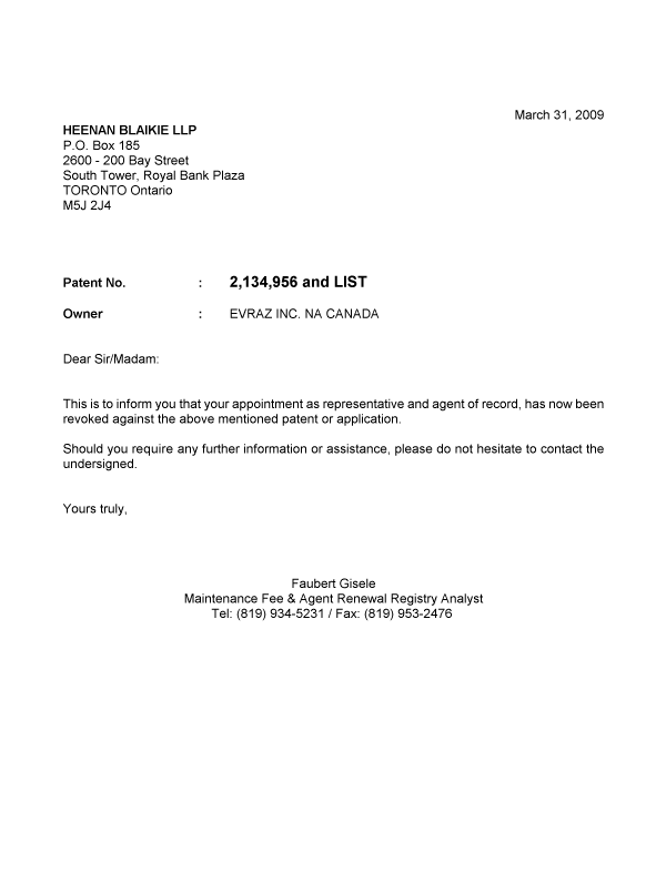 Document de brevet canadien 2277392. Correspondance 20090331. Image 1 de 1