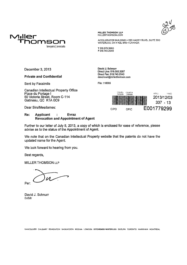 Document de brevet canadien 2277392. Correspondance 20131203. Image 1 de 5