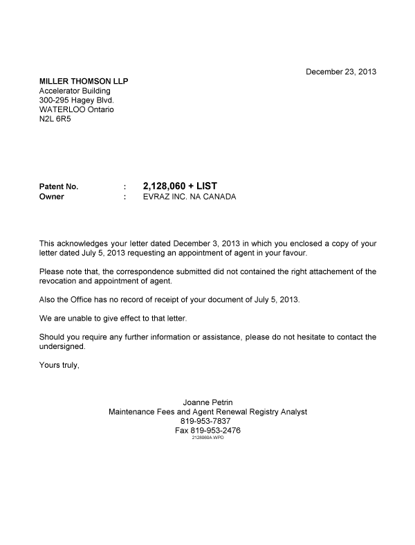 Document de brevet canadien 2277392. Correspondance 20131223. Image 1 de 1