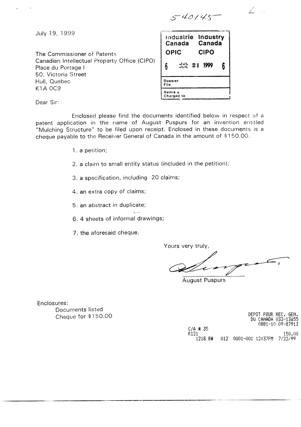 Document de brevet canadien 2277637. Cession 19990721. Image 1 de 2