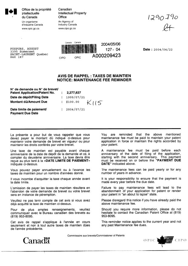 Document de brevet canadien 2277637. Taxes 20040506. Image 1 de 1