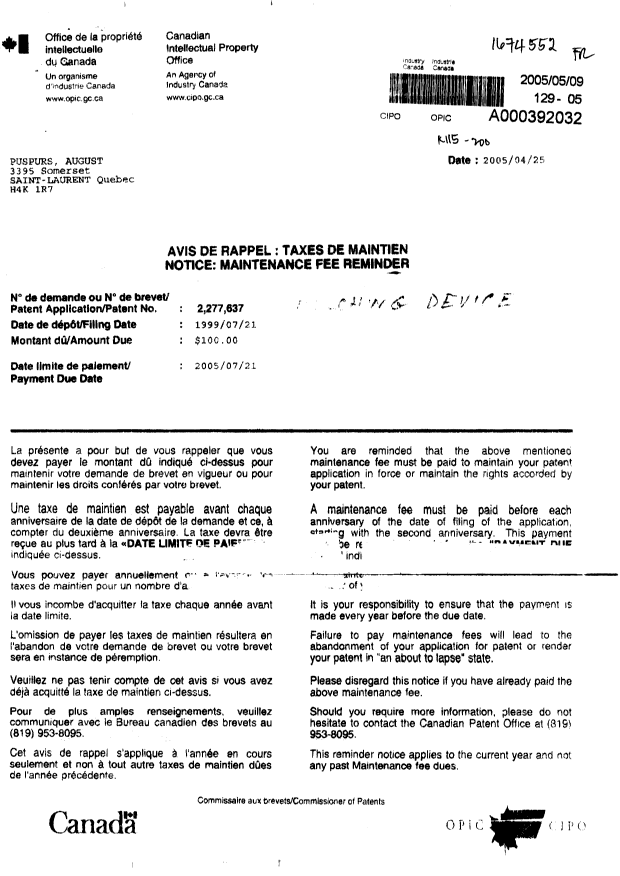 Document de brevet canadien 2277637. Taxes 20050509. Image 1 de 1